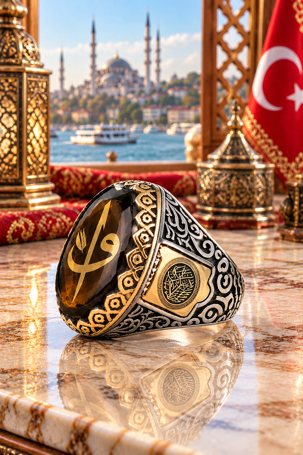 925 AYAR KEHRİBAR TAŞLI ELİF VAV FİGÜRLÜ ERKEK GÜMÜŞ YÜZÜK