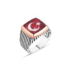 925 AYAR KIRMIZI MİNE ÜZERİNE TÜRK BAYRAKLI ERKEK GÜMÜŞ YÜZÜK