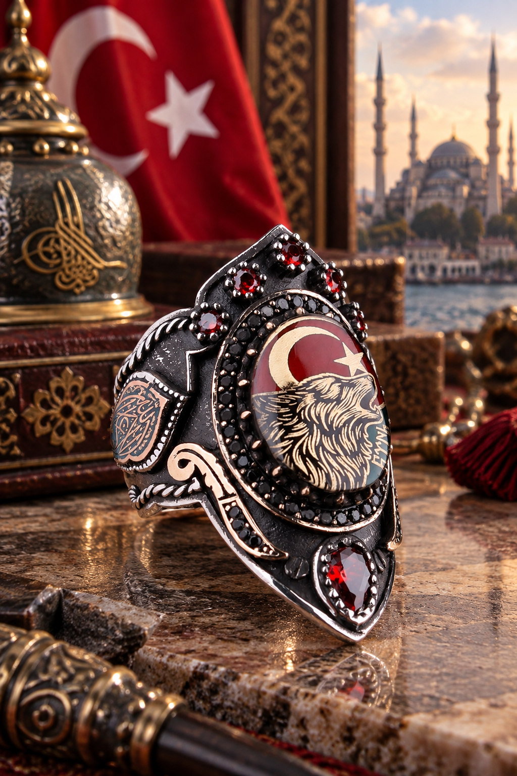 925 AYAR LA GALİBE İLLALLAH YAZILI  AYYILDIZLI KURT FİGÜRLÜ ERKEK GÜMÜŞ ZİHKİR YÜZÜK 