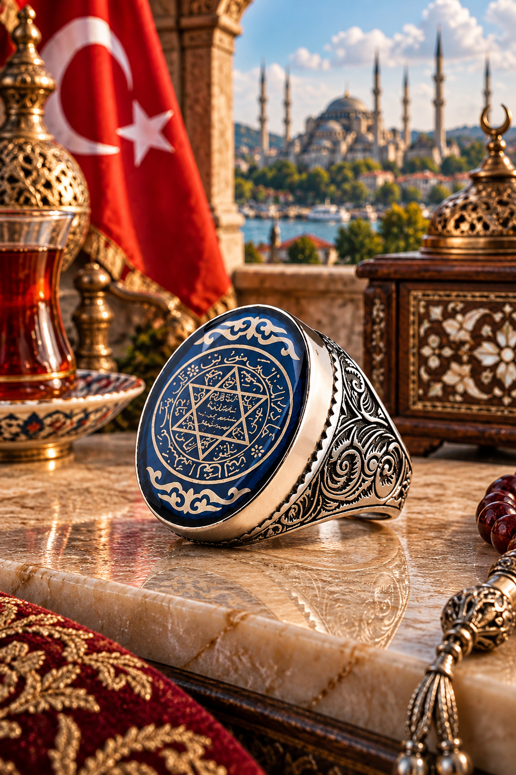 925 AYAR MAVİ MİNE ÜZERİNE SÜLEYMAN MÜHRÜ ERKEK GÜMÜŞ YÜZÜK