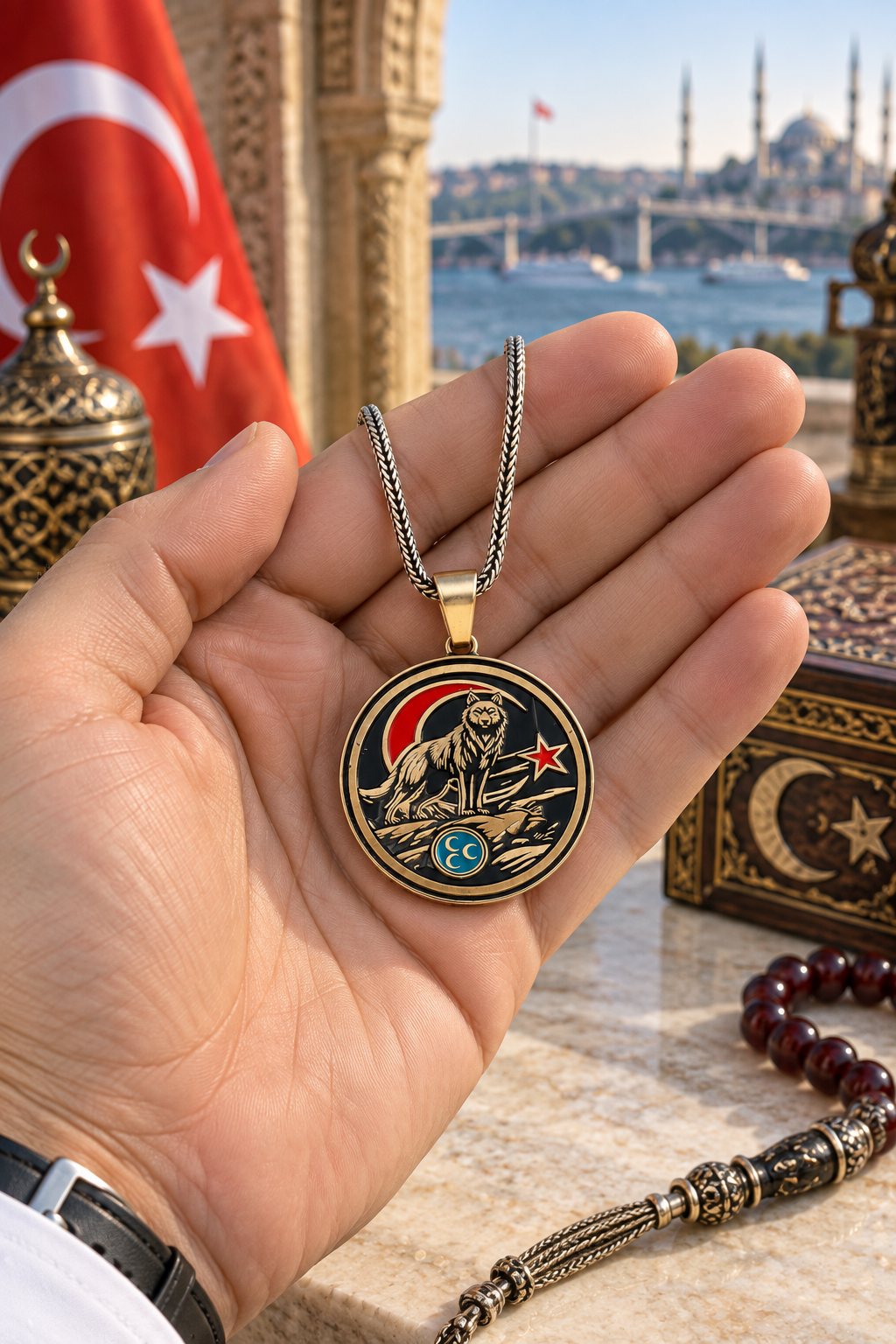 925 AYAR  MİNE KAPLAMA BOZKURT FİGÜRLÜ ERKEK GÜMÜŞ YÜZÜK