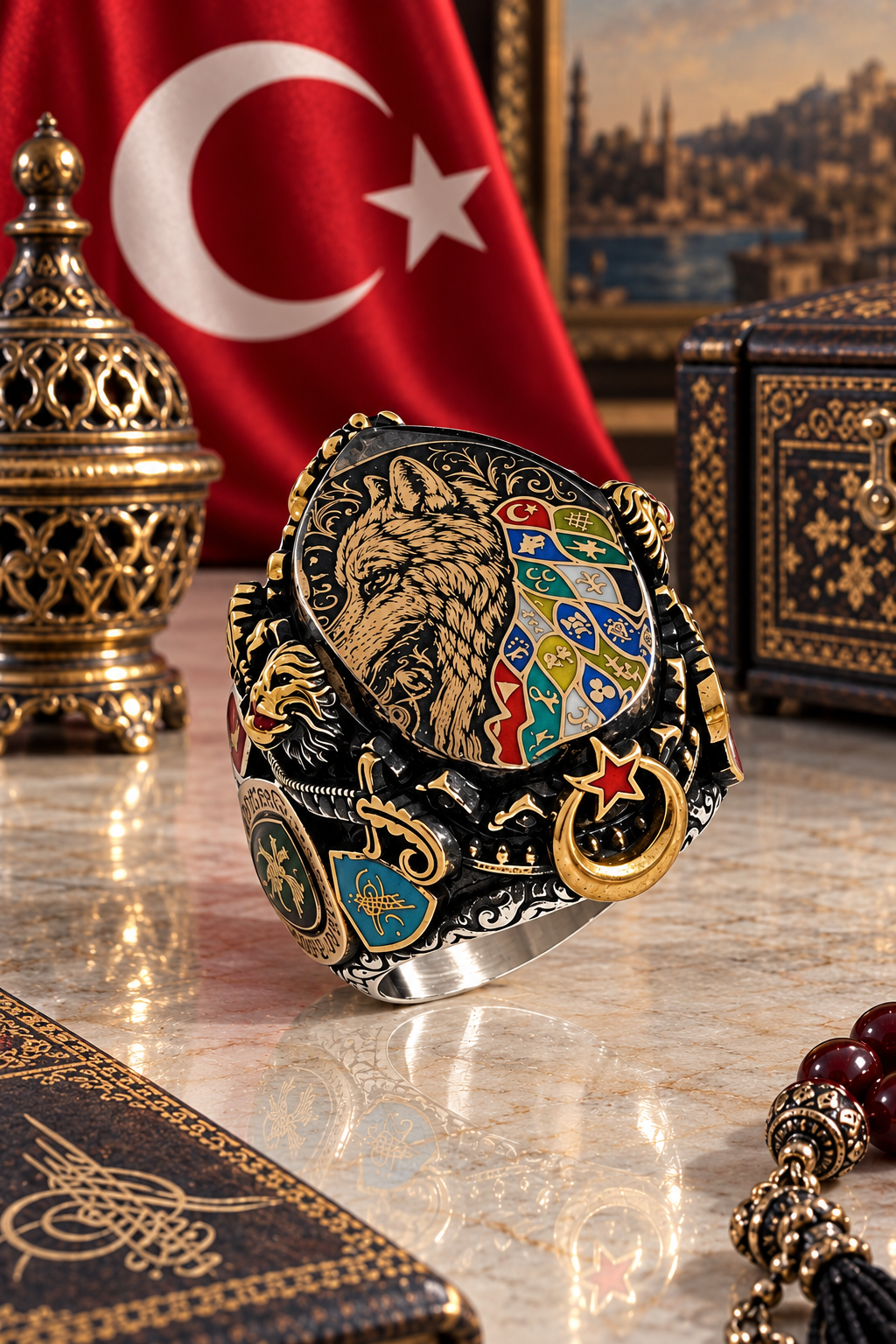 925 AYAR  MİNE KAPLAMALI BOZKURT KAFASI ERKEK GÜMÜŞ YÜZÜK