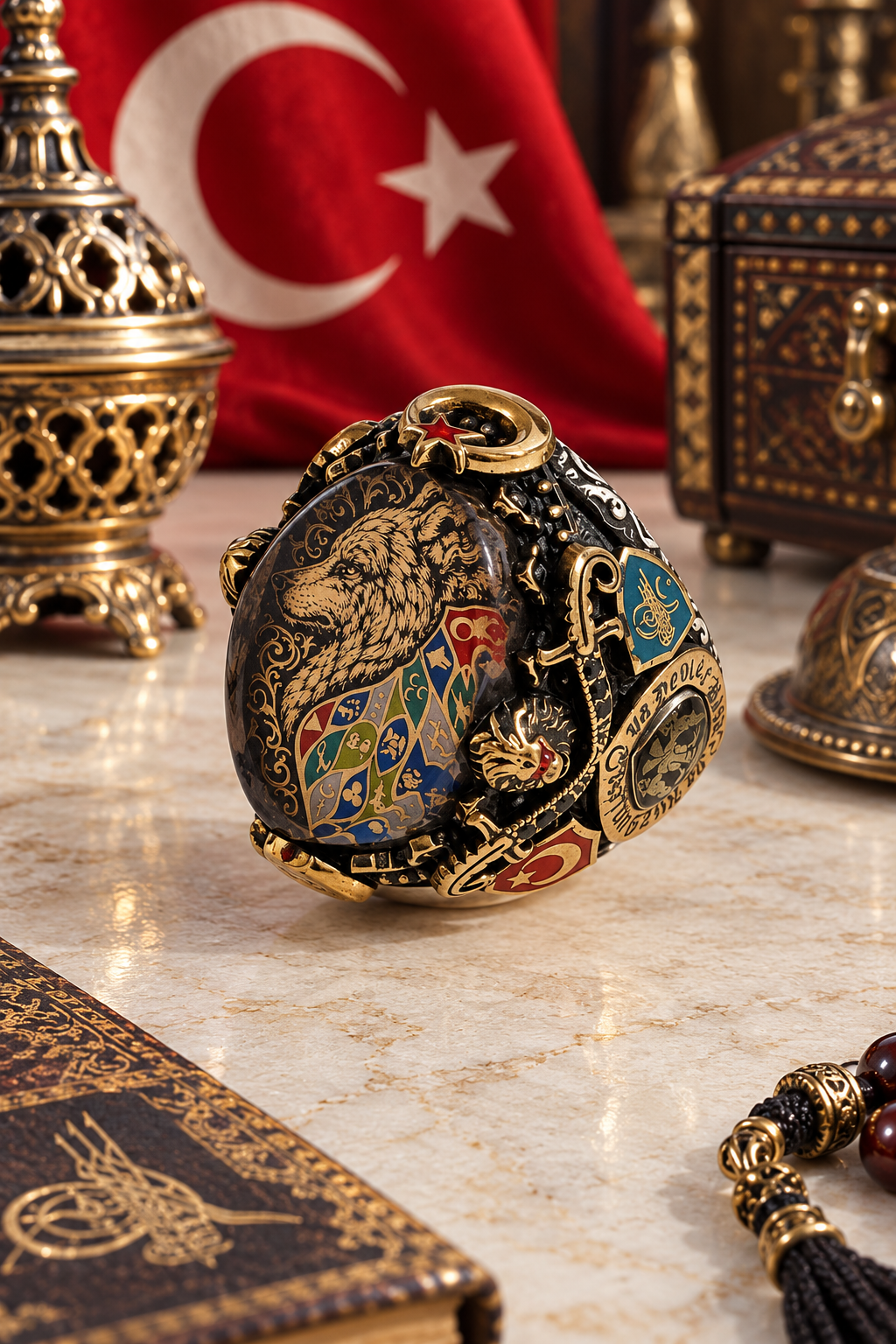 925 AYAR  MİNE KAPLAMALI BOZKURT KAFASI ERKEK GÜMÜŞ YÜZÜK