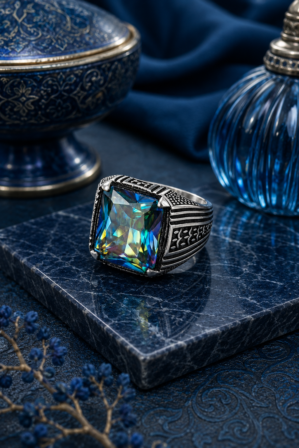 925 AYAR MİSTİK TOPAZ TAŞLI MOTİFLİ ERKEK GÜMÜŞ YÜZÜK