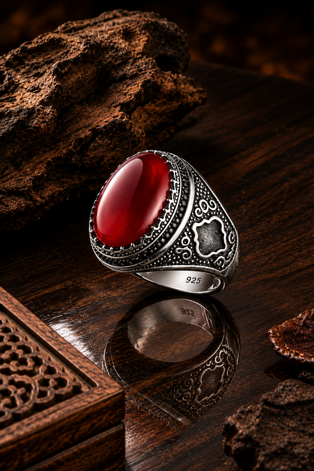 925 AYAR MOTİFLİ OVAL AKİK TAŞLI ERKEK GÜMÜŞ YÜZÜK