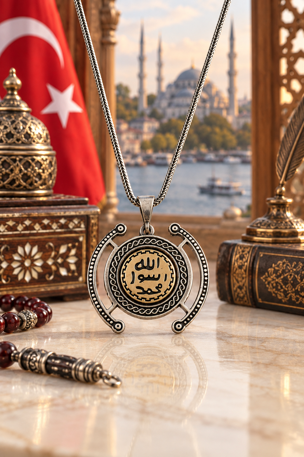 925 AYAR MÜHRÜ ŞERİF  ( ŞEREFLİ MÜHÜR) YAZILI ERKEK GÜMÜŞ KOLYE