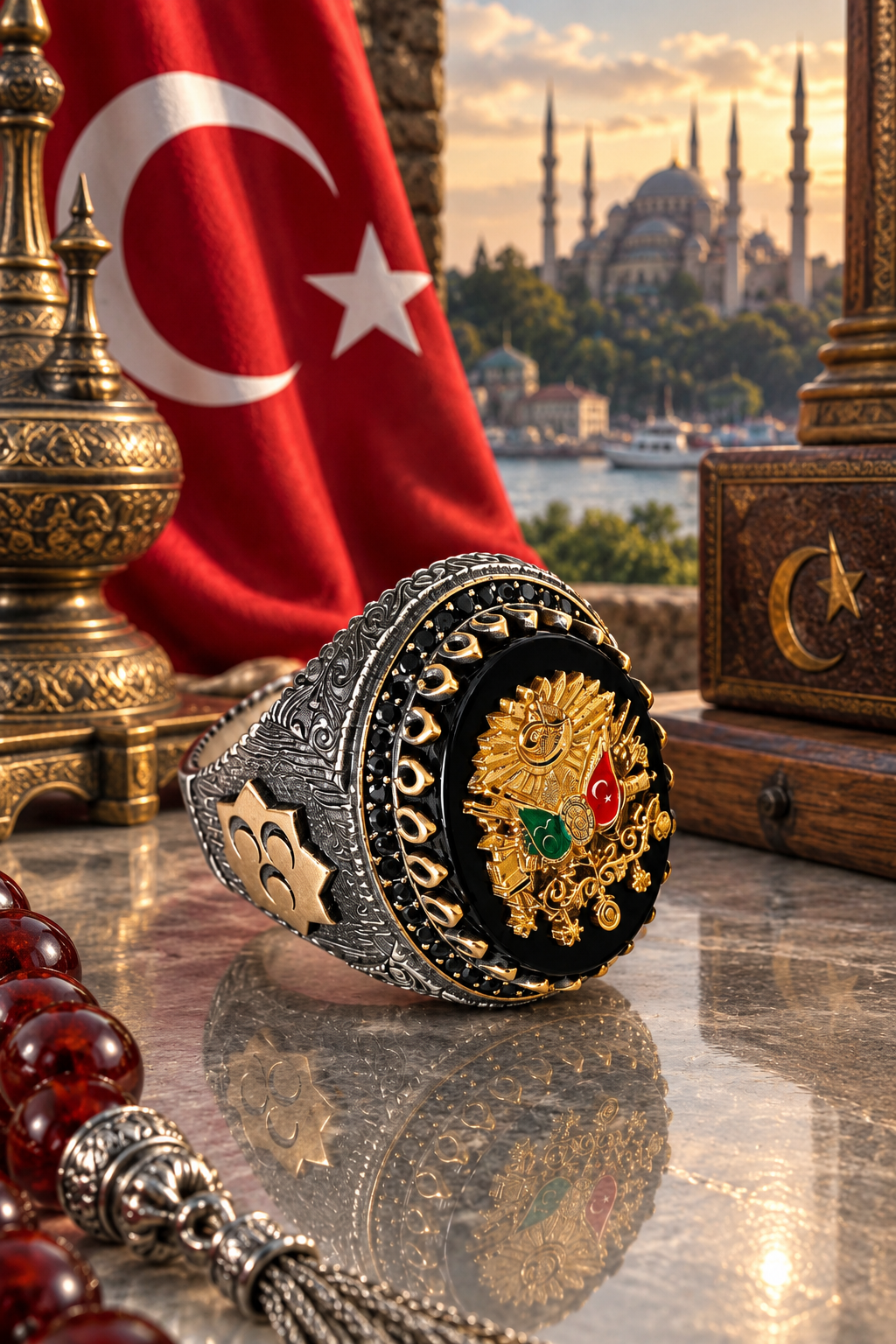 925 AYAR ONİKS TAŞLI OSMANLI DEVLET ARMALI  ERKEK GÜM,ÜŞ YÜZÜK