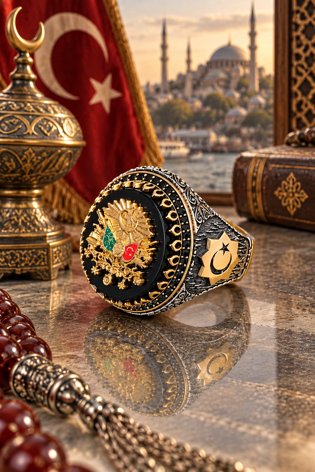 925 AYAR ONİKS TAŞLI OSMANLI DEVLET ARMALI  ERKEK GÜM,ÜŞ YÜZÜK