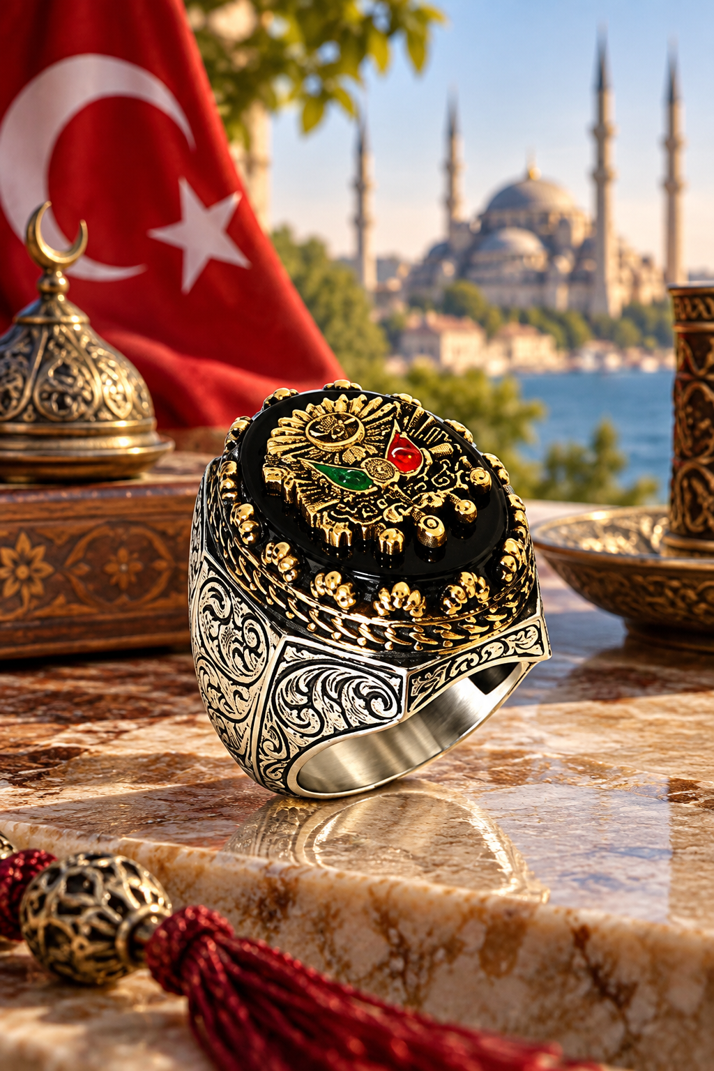 925 AYAR ONİKS TAŞLI OSMANLI DEVLET ARMALI ERKEK GÜMÜŞ KOLYE