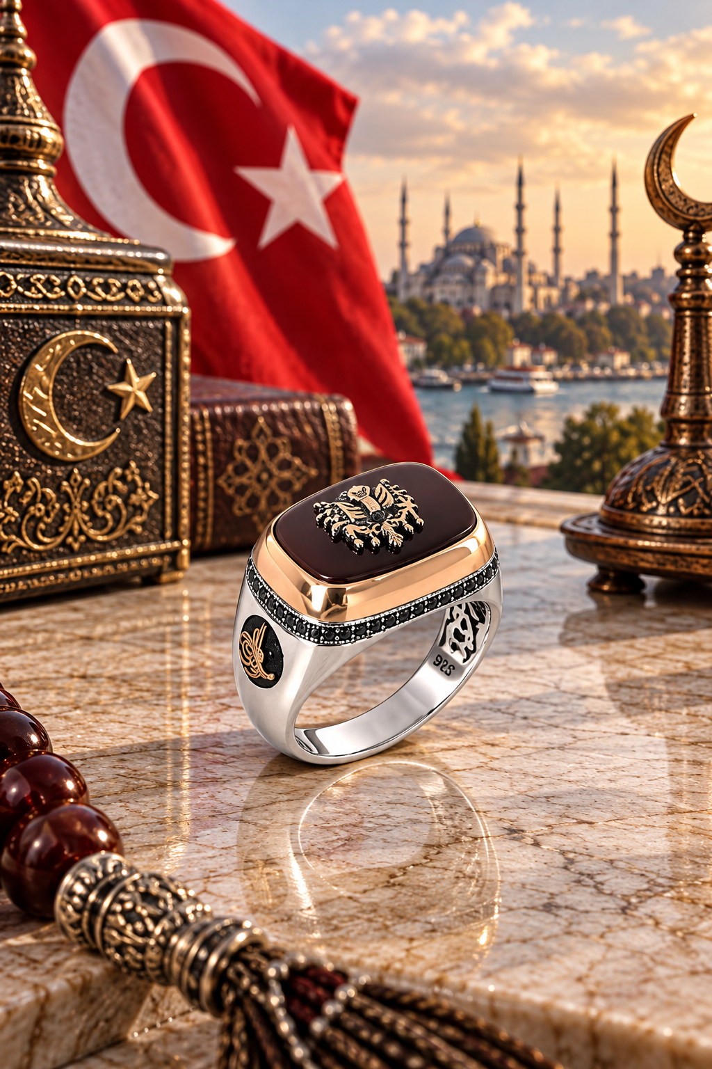 925 AYAR ÖZEL TASARIM AKİK TAŞLI OSMANLI DEVLET ARMASI ERKEK GÜMÜŞ YÜZÜK