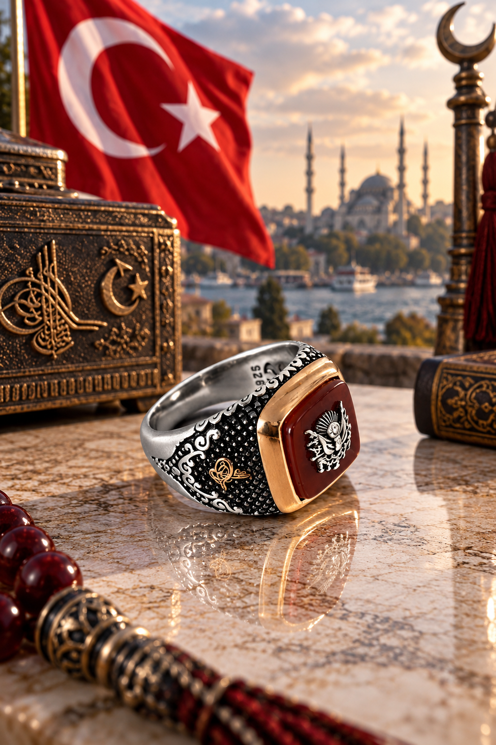 925 AYAR ÖZEL TASARIM AKİK TAŞLI OSMANLI DEVLET ARMALI ERKEK GÜMÜŞ YÜZÜK