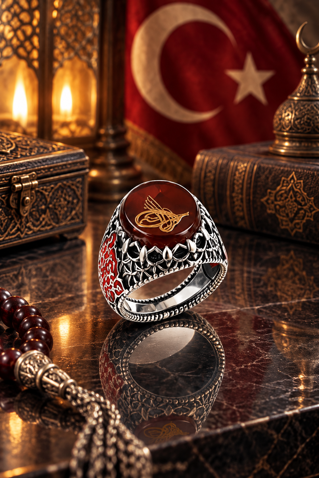 925 AYAR ÖZEL TASARIM  AKİK TAŞLI TUĞRA  ERKEK GÜMÜŞ YÜZÜK