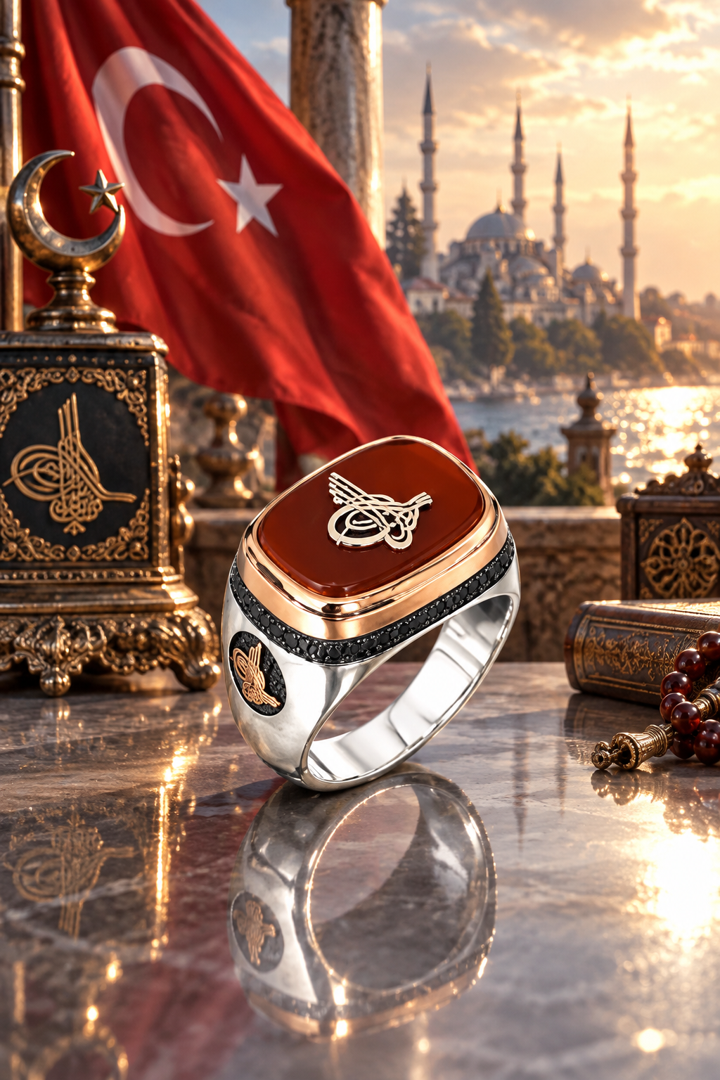 925 AYAR ÖZEL TASARIM  AKİK TAŞLI TUĞRALI ERKEK GÜMÜŞ YÜZÜK