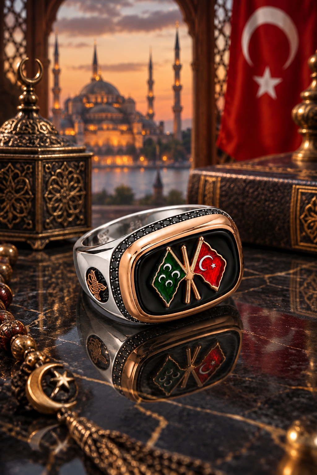 925 AYAR ÖZEL TASARIM OSMANLI BAYRAĞI ERKEK GÜMÜŞ YÜZÜK
