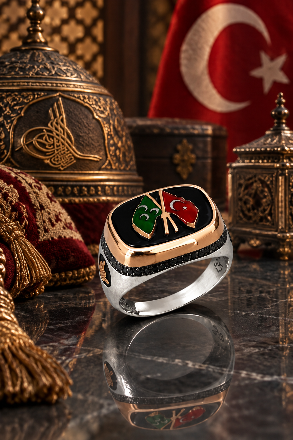 925 AYAR ÖZEL TASARIM OSMANLI BAYRAĞI ERKEK GÜMÜŞ YÜZÜK