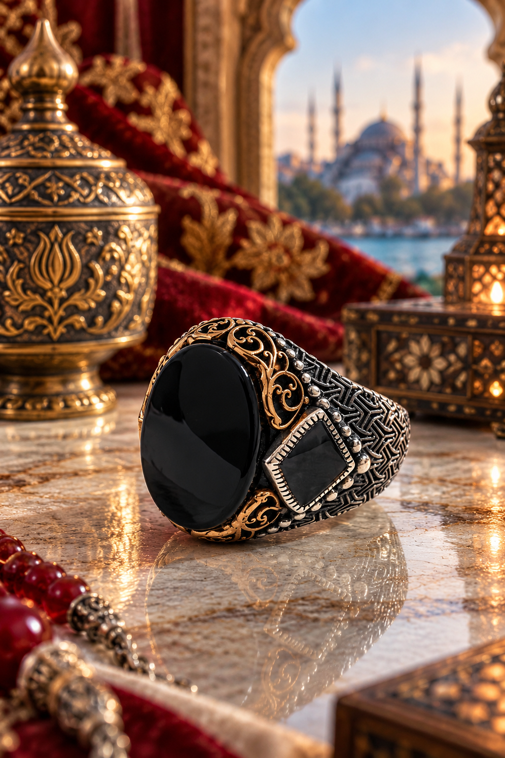 925 AYAR  ÖZEL TASARIM OVAL ONİKS TAŞLI  MOTİFLİ ERKEK GÜMÜŞ YÜZÜK