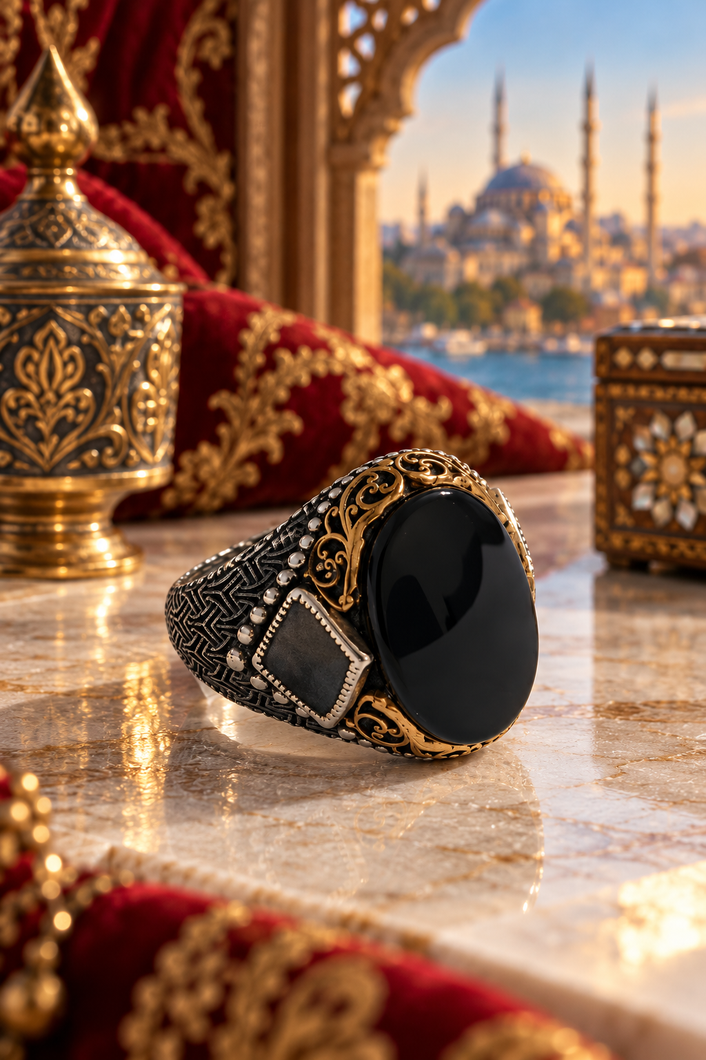 925 AYAR  ÖZEL TASARIM OVAL ONİKS TAŞLI  MOTİFLİ ERKEK GÜMÜŞ YÜZÜK