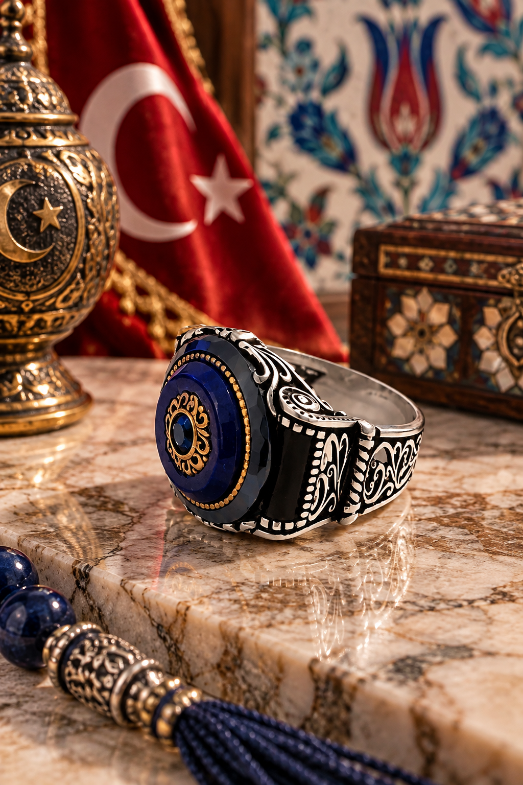925 AYAR ÖZEL TASARIM SŞYAH KEHRİBAR TAŞLI MOTİFLİ ERKEK GÜMÜŞ YÜZÜK