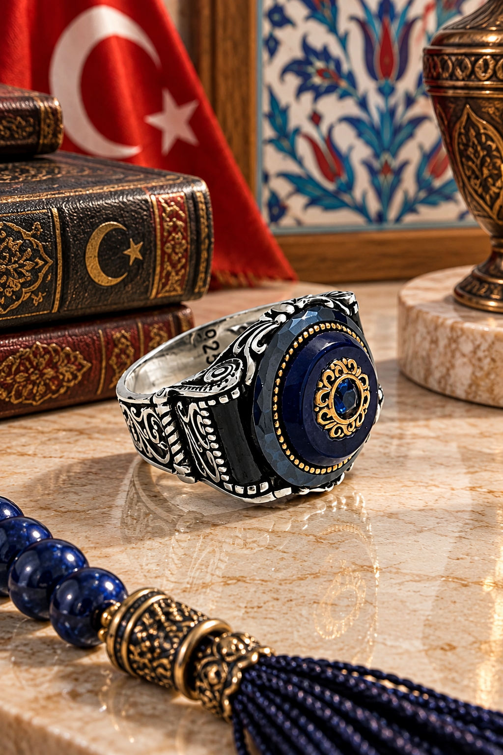 925 AYAR ÖZEL TASARIM SŞYAH KEHRİBAR TAŞLI MOTİFLİ ERKEK GÜMÜŞ YÜZÜK