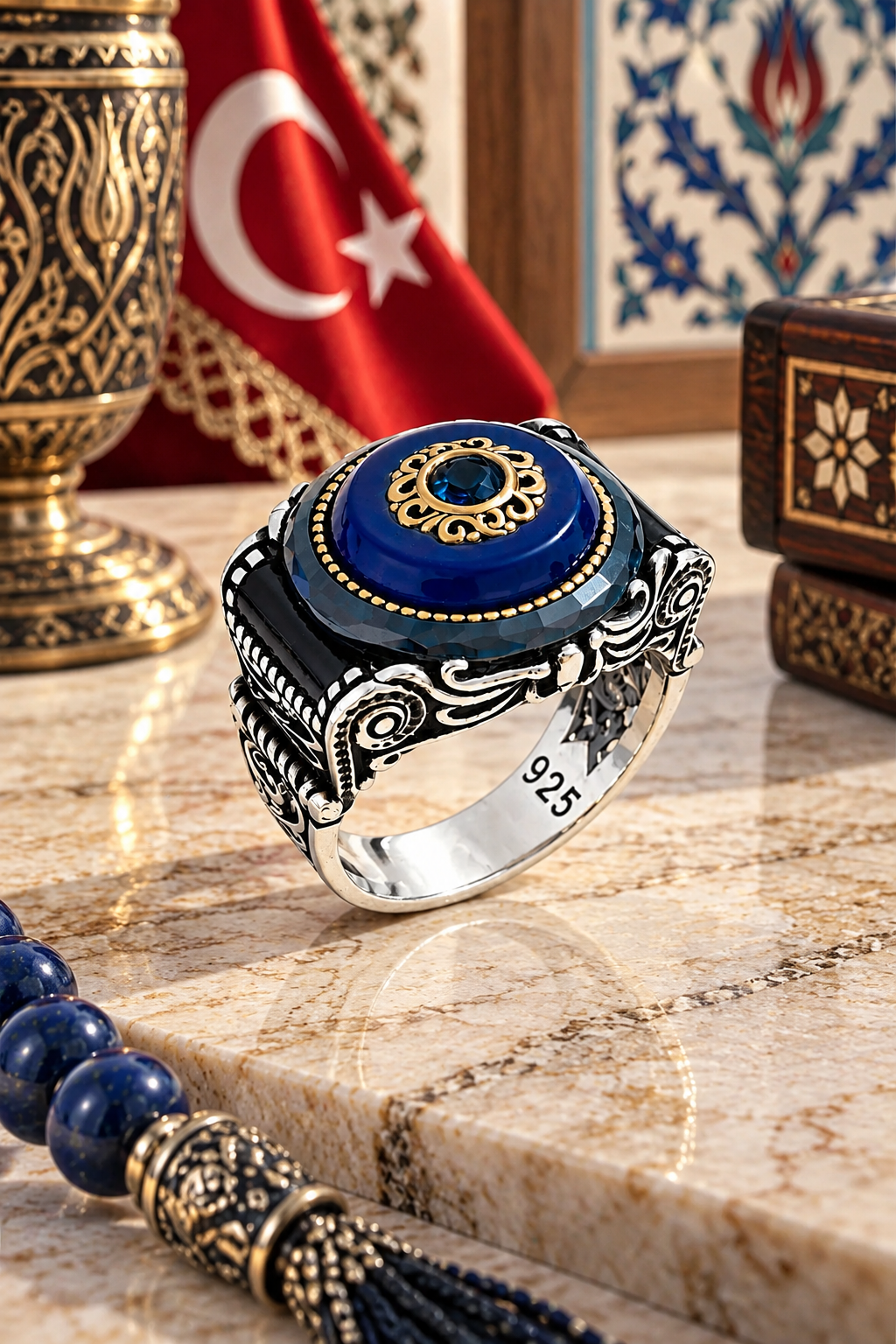 925 AYAR ÖZEL TASARIM SŞYAH KEHRİBAR TAŞLI MOTİFLİ ERKEK GÜMÜŞ YÜZÜK