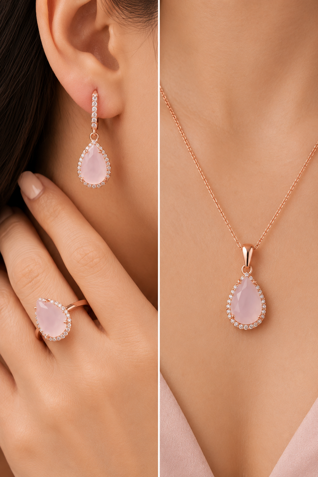 925 Ayar Pembe Kuvars Taşlı Damla Montür Üçlü Gümüş Set