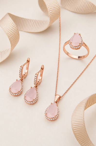 925 Ayar Pembe Kuvars Taşlı Damla Montür Üçlü Gümüş Set