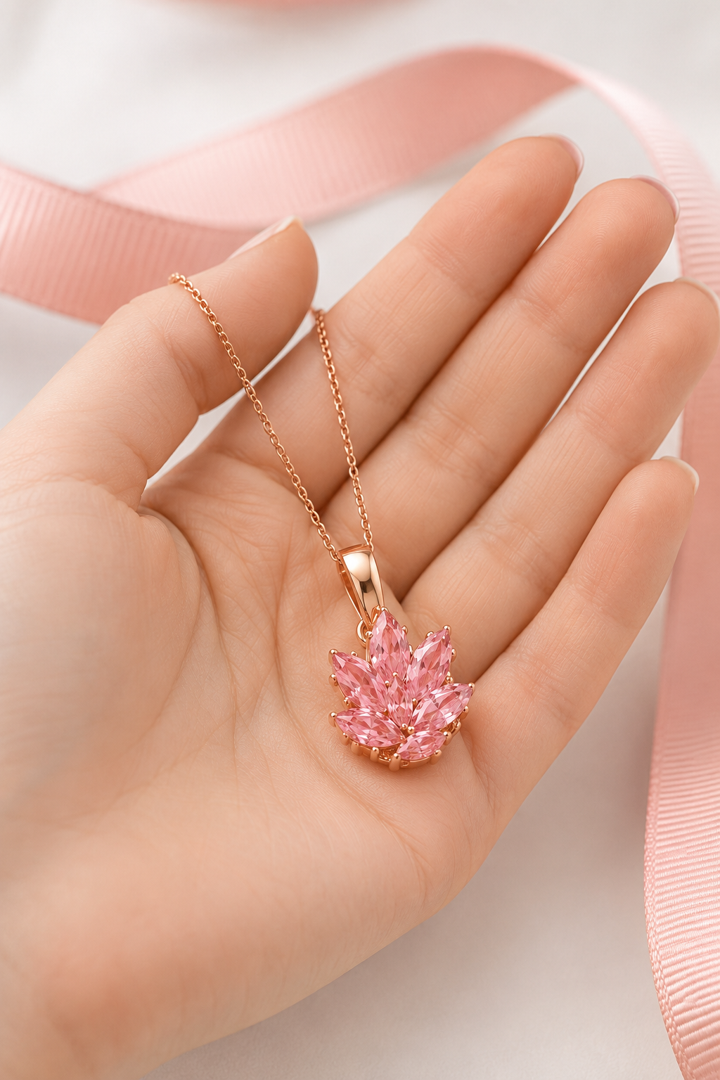 925 Ayar Pembe Kuvars Taşlı Lotus Çiçeği Gümüş Kolye