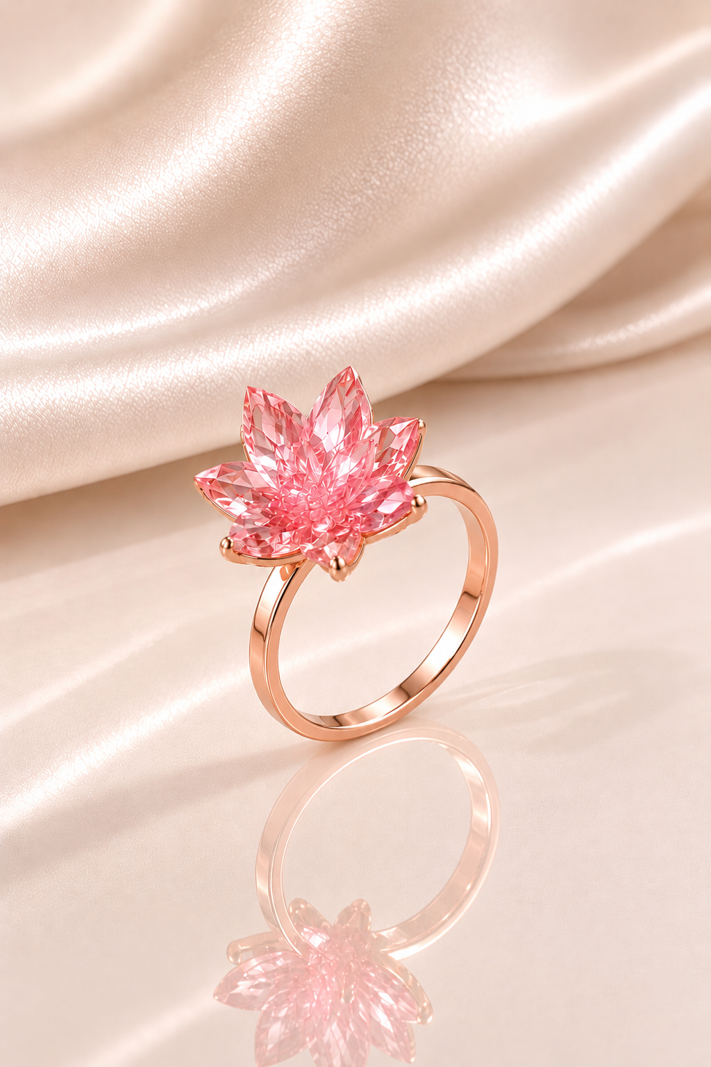 925 Ayar Pembe Kuvars Taşlı Lotus Gümüş Yüzük