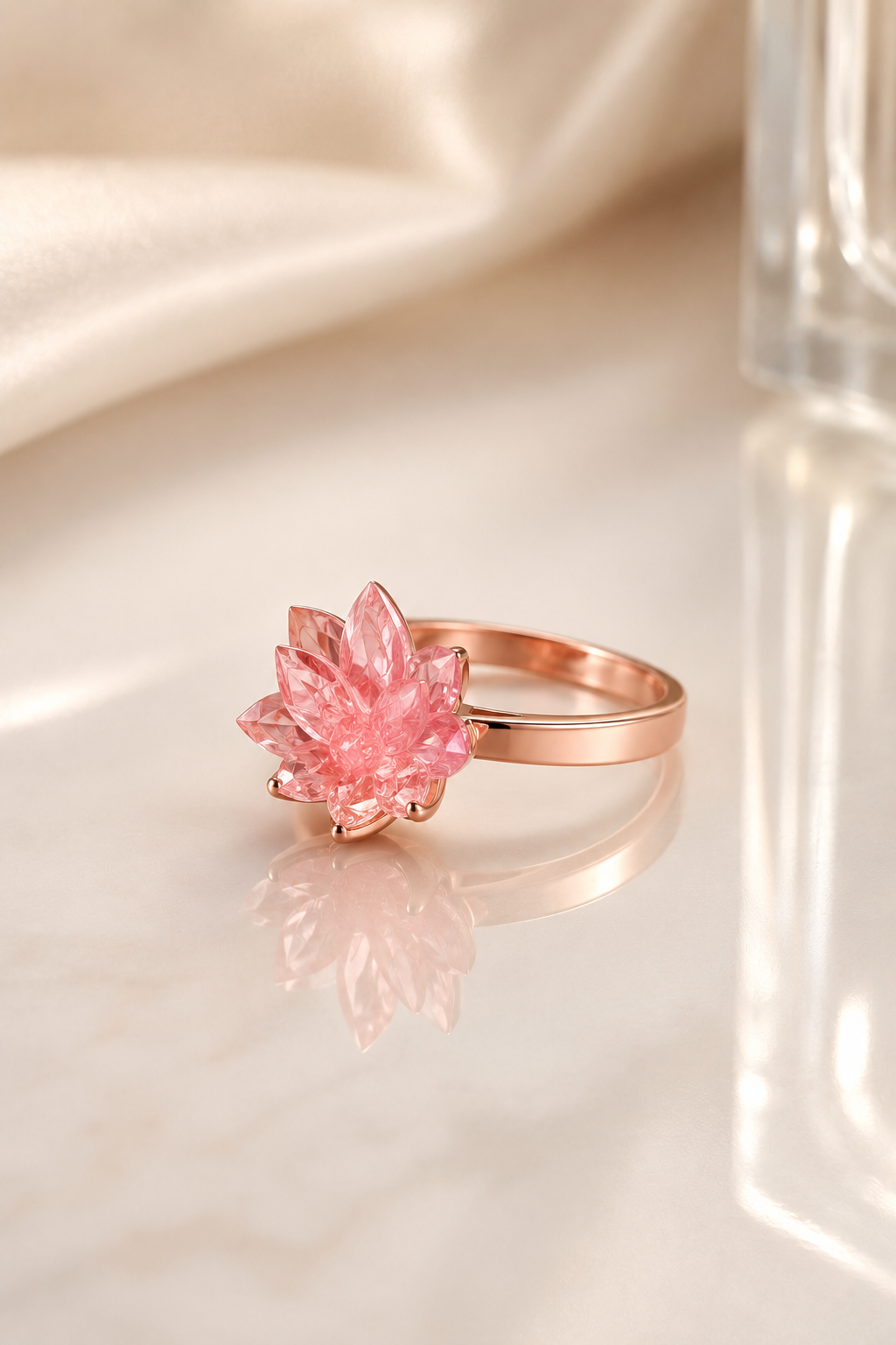925 Ayar Pembe Kuvars Taşlı Lotus Gümüş Yüzük