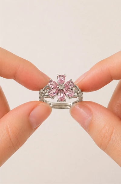 925 AYAR PEMBE ZİRKON TAŞLI LOTUS ÇİÇEĞİ GÜMÜŞ YÜZÜK