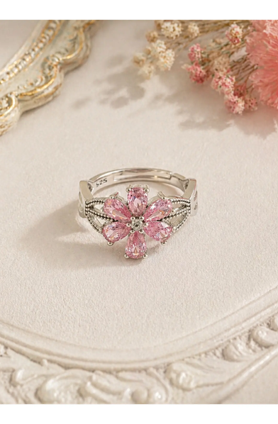 925 AYAR PEMBE ZİRKON TAŞLI LOTUS ÇİÇEĞİ GÜMÜŞ YÜZÜK