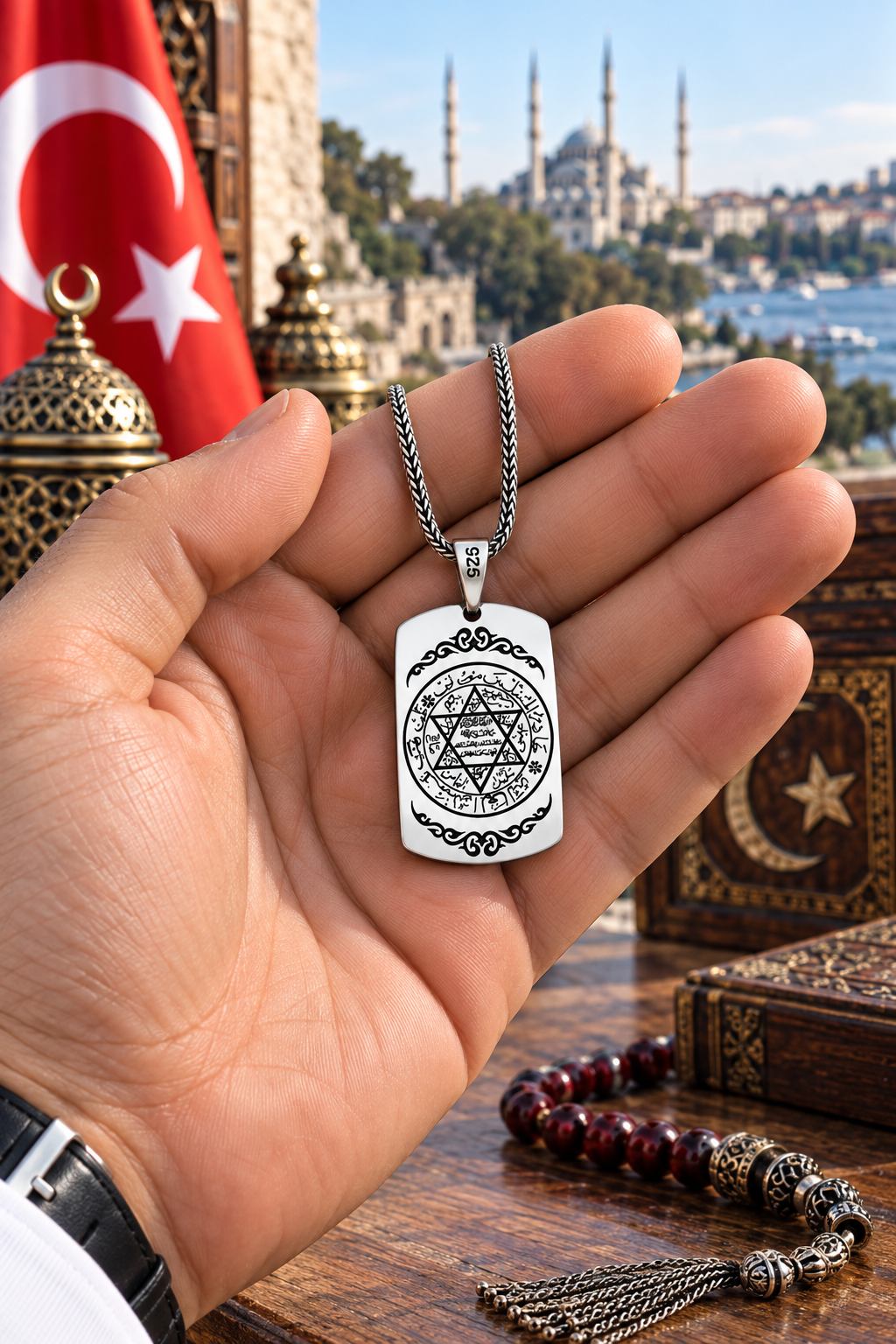 925 AYAR PLAKA MODEL SÜLEYMAN MÜHRÜ ERKEK GÜMÜŞ KOLYE