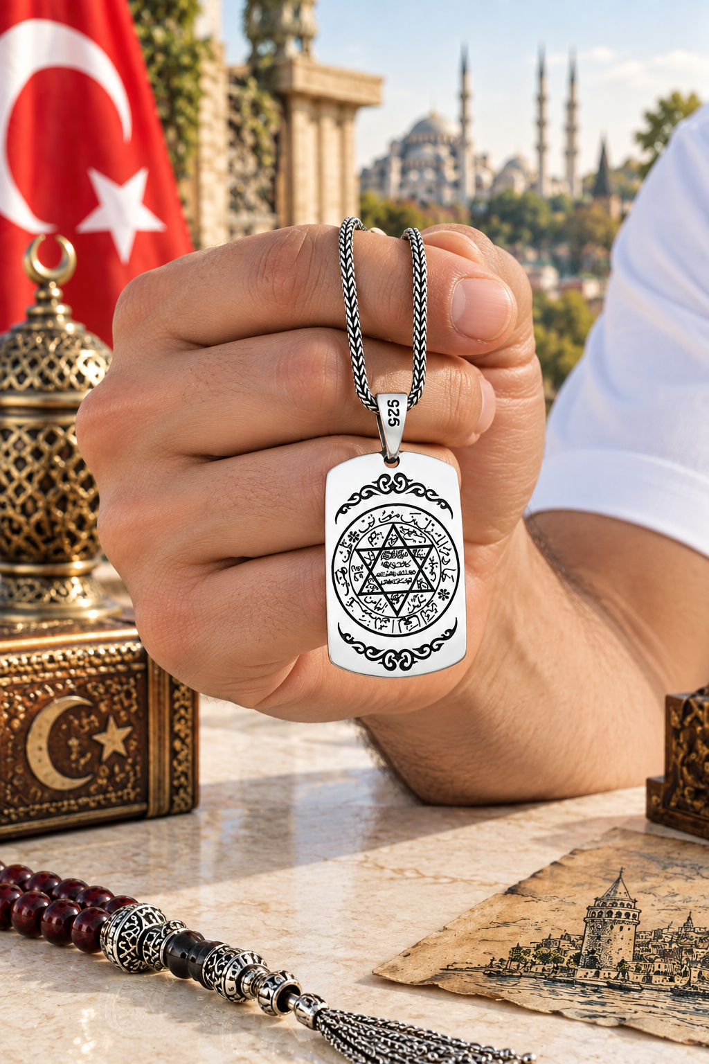 925 AYAR PLAKA MODEL SÜLEYMAN MÜHRÜ ERKEK GÜMÜŞ KOLYE