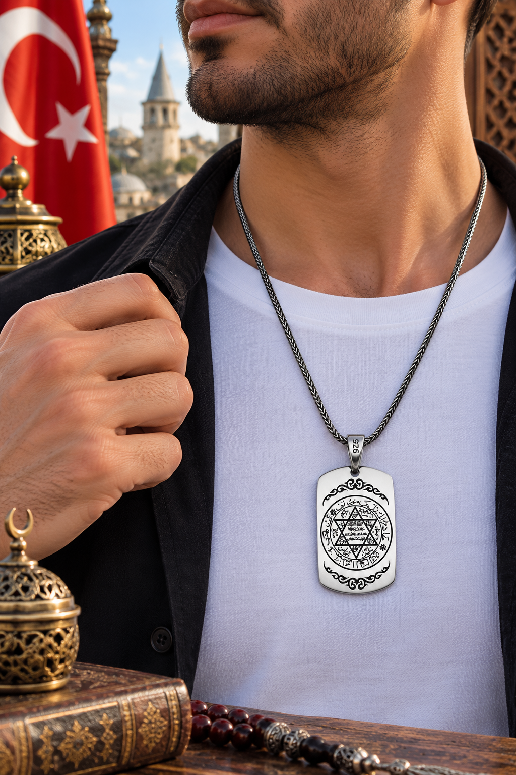 925 AYAR PLAKA MODEL SÜLEYMAN MÜHRÜ ERKEK GÜMÜŞ KOLYE