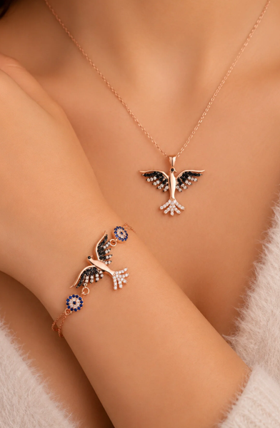 925 AYAR R0SE KAPLAMA ANKA KUŞU İKİLİ GÜMÜŞ SET