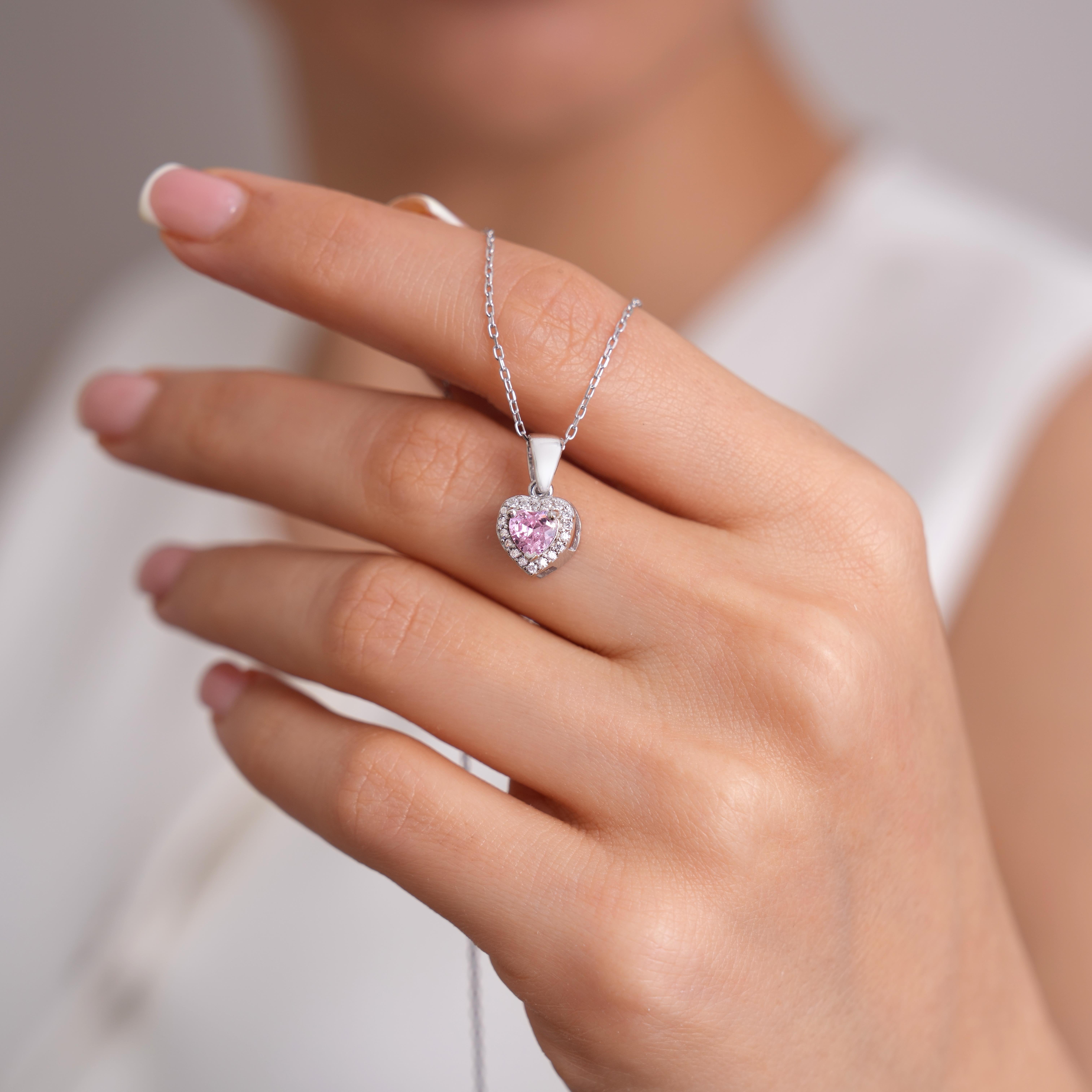 925 AYAR RADYUM KAPLAMA PEMBE KALPLİ ZİRKON TAŞLI GÜMÜŞ KOLYE