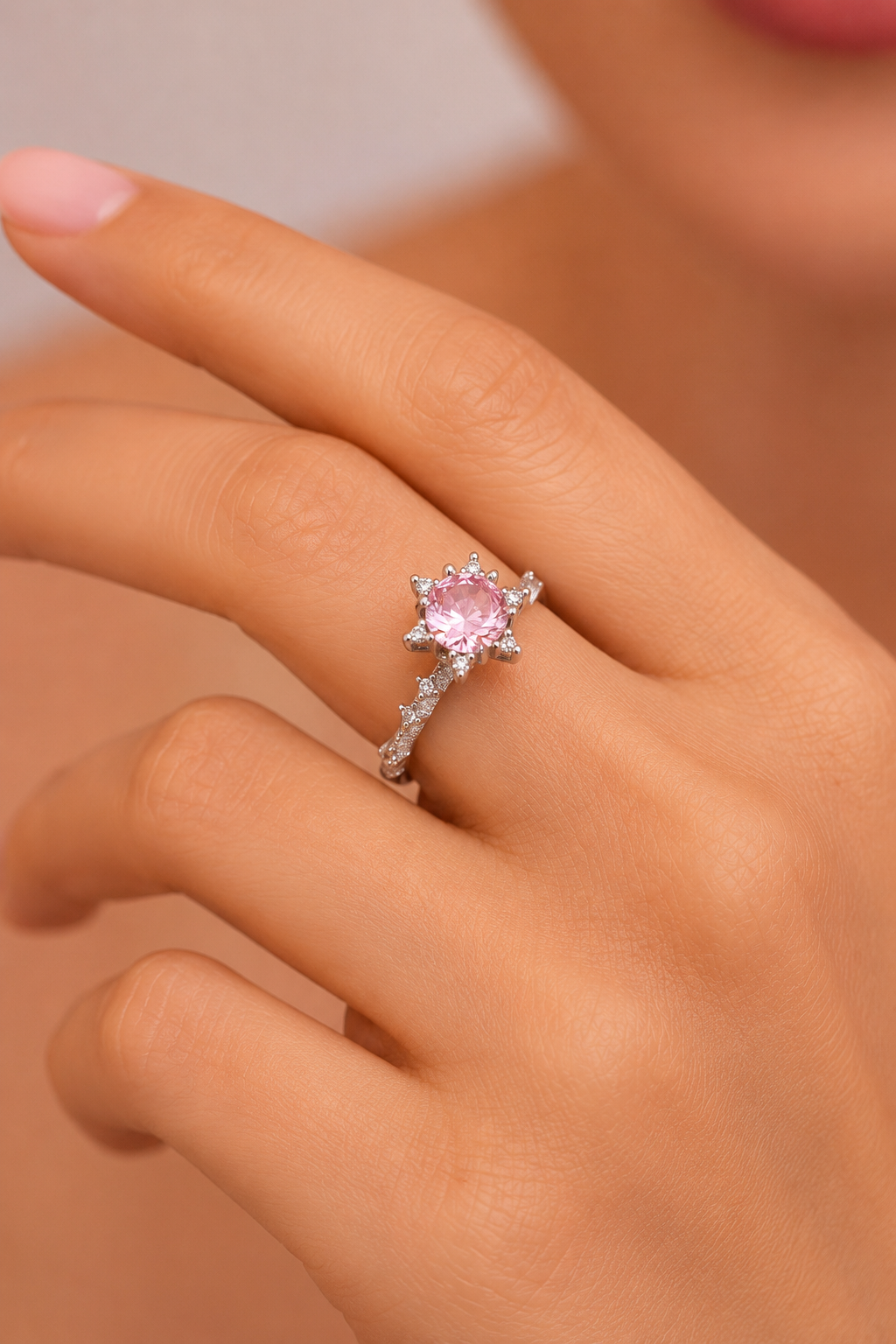 925 AYAR RADYUM KAPLAMA PEMBE ZİRKON TAŞLI LOTUS ÇİÇEĞİ AŞK GÜNEŞİ  GÜMÜŞ YÜZÜK