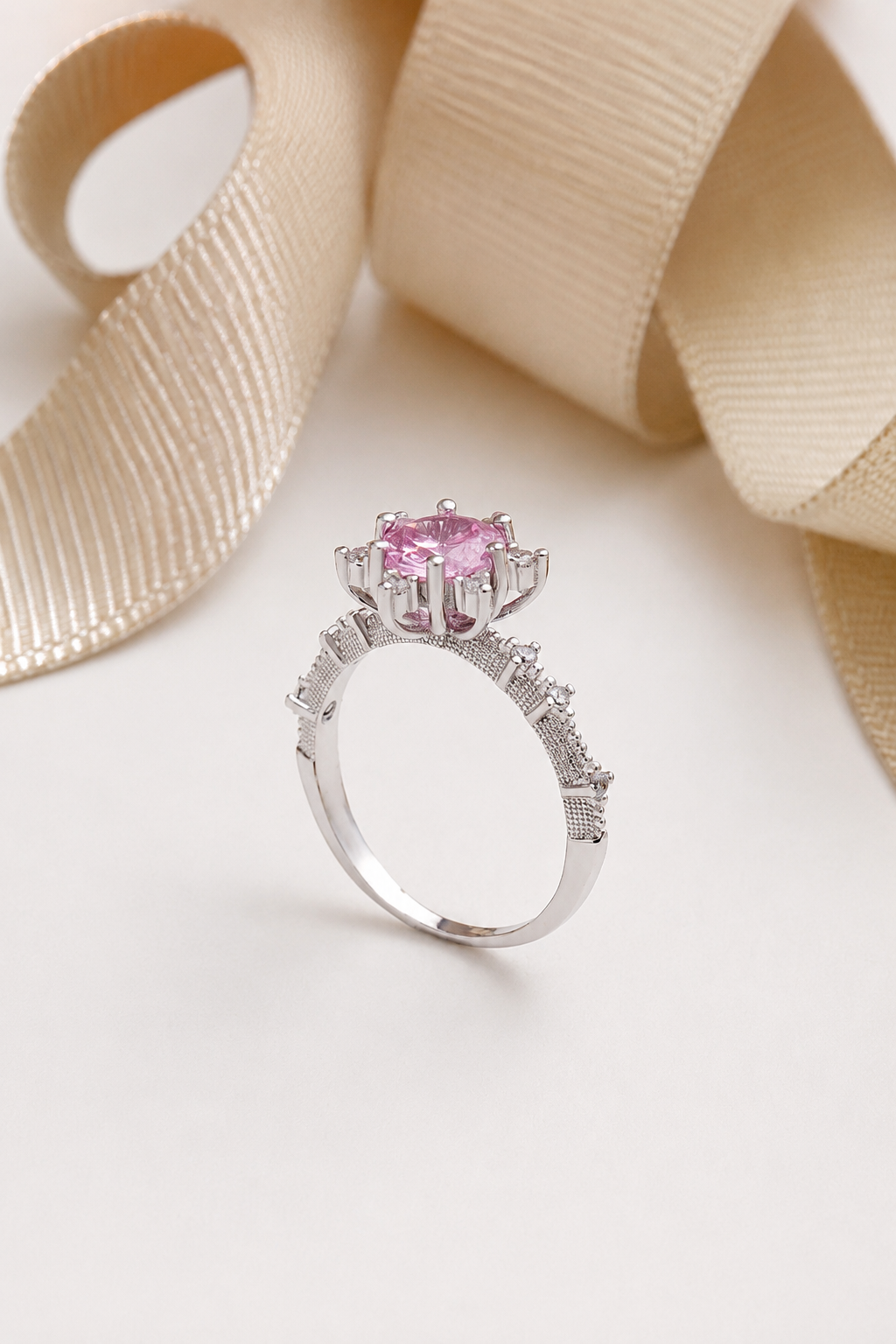 925 AYAR RADYUM KAPLAMA PEMBE ZİRKON TAŞLI LOTUS ÇİÇEĞİ AŞK GÜNEŞİ  GÜMÜŞ YÜZÜK