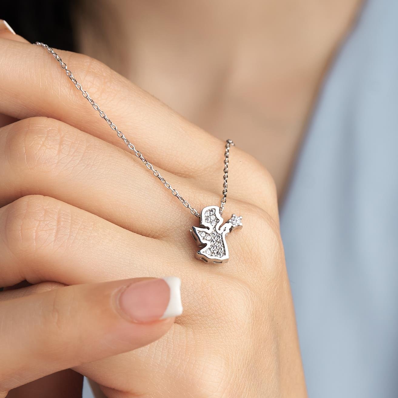 925 AYAR RADYUM KAPLAMA SWAROVSKİ TAŞLI MELEK G,ÜMÜŞ KOLYE