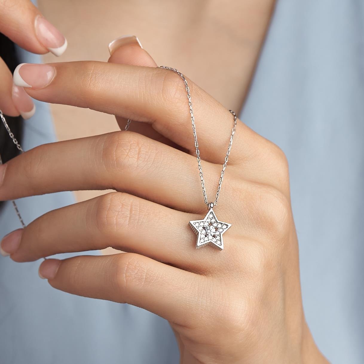 925 AYAR RADYUM KAPLAMA SWAROVSKİ  TAŞLI YILDIZ GÜMÜŞ KOLYE
