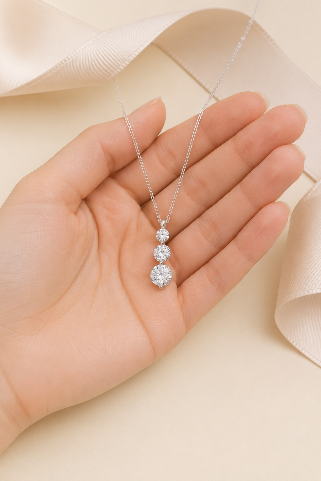 925 AYAR RADYUM KAPLAMA SWAROVSKİ TAŞLI  ÜÇ TAŞLI DAMLA GÜMÜŞ KOLYE