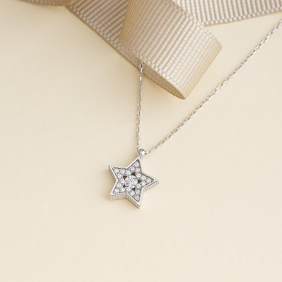 925 AYAR RADYUM KAPLAMA SWAROVSKİ  TAŞLI YILDIZ GÜMÜŞ KOLYE