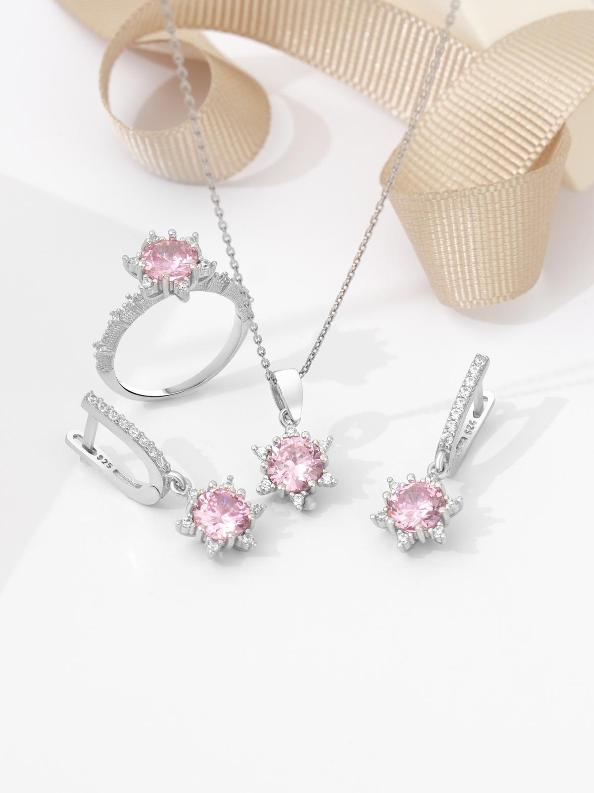 925 AYAR RODYUM KAPLAMA PEMBE ZİRKON TAŞLI LOTUS ÇİÇEĞİ AŞK GÜNEŞİ GÜMÜŞ SET