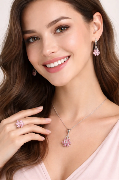 925 AYAR RODYUM KAPLAMA PEMBE ZİRKON TAŞLI LOTUS ÇİÇEĞİ GÜMÜŞ SET