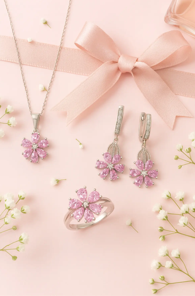 925 AYAR RODYUM KAPLAMA PEMBE ZİRKON TAŞLI LOTUS ÇİÇEĞİ GÜMÜŞ SET