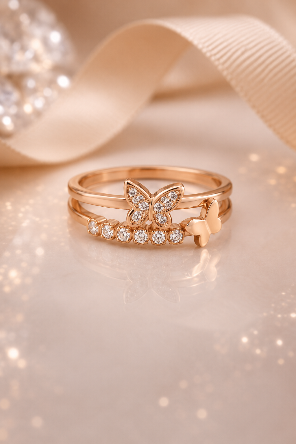 925 AYAR ROSE GOLD KAPLAMA SIRA ZİRKON TAŞLI KELEBEK MODEL GÜMÜŞ YÜZÜK