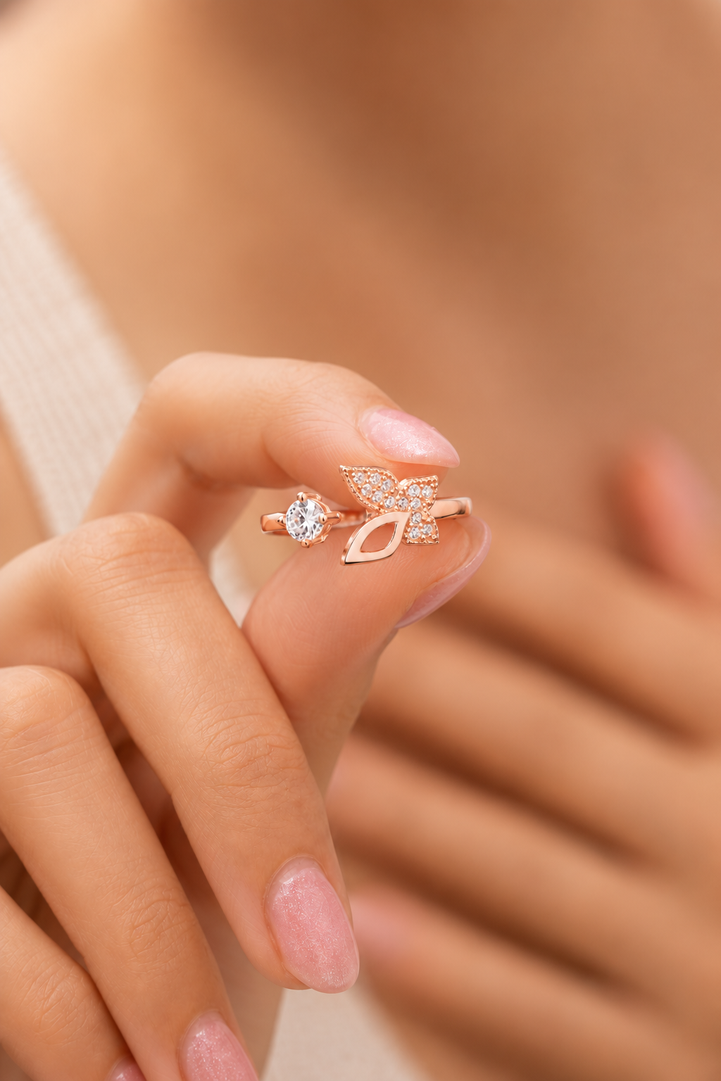 925 AYAR ROSE GOLD KAPLAMA ZİRKON TAŞLI KELEBEK GÜMÜŞ YÜZÜK