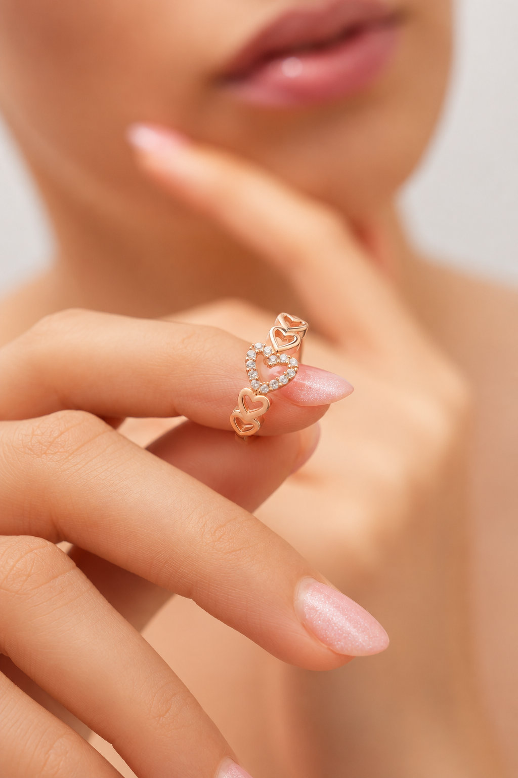 925 AYAR ROSE GOLD KAPLAMA ZİRKON TAŞLI KALPLİ GÜMÜŞ YÜZÜK