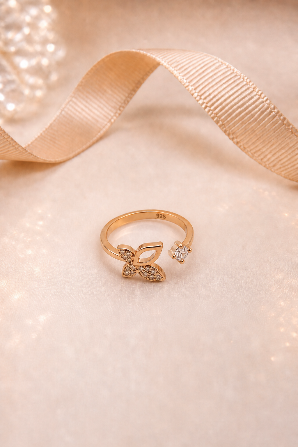 925 AYAR ROSE GOLD KAPLAMA ZİRKON TAŞLI KELEBEK GÜMÜŞ YÜZÜK