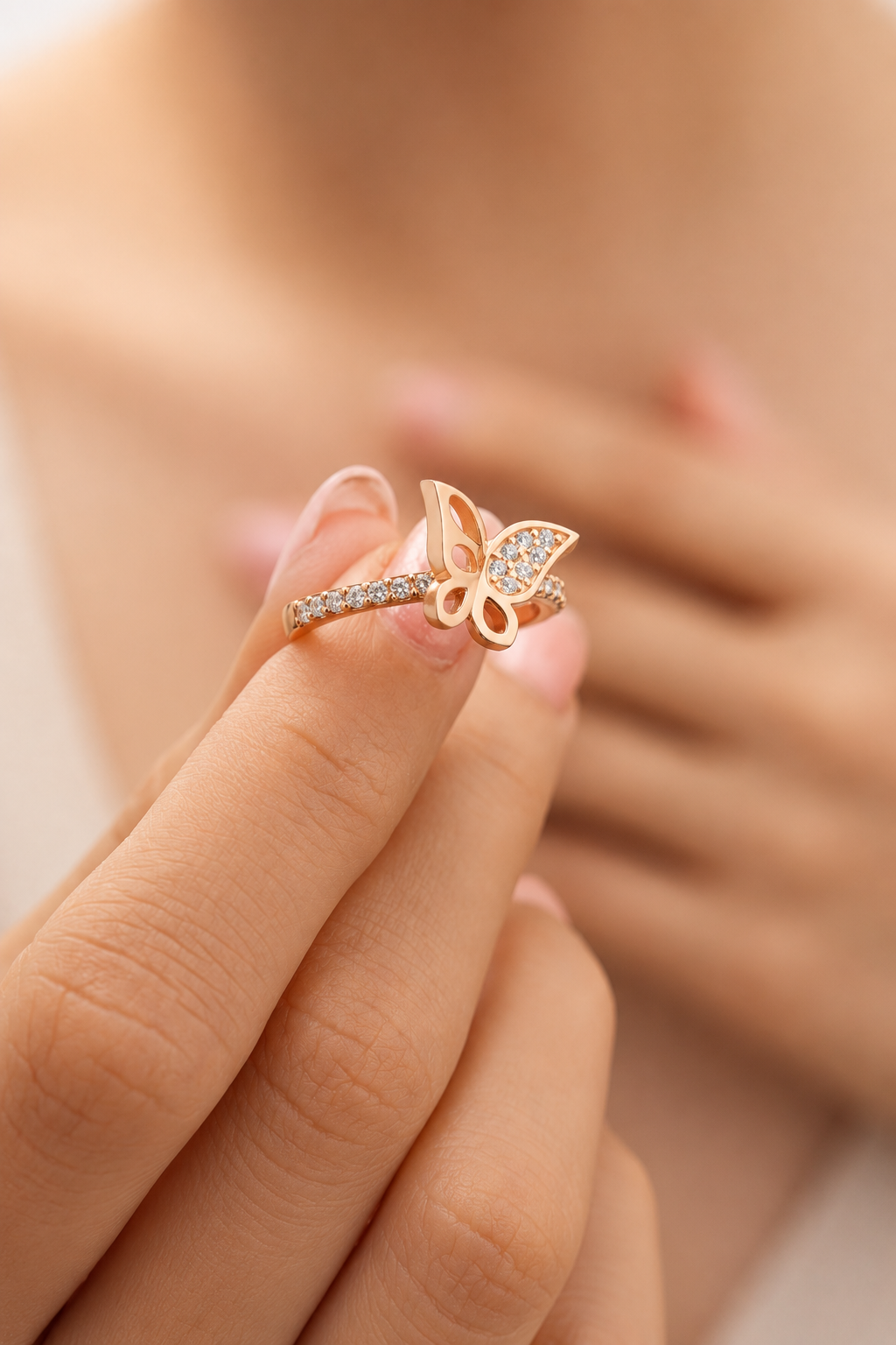 925 AYAR ROSE GOLD KAPLAMA ZİRKON TAŞLI KELEBEK GÜMÜŞ YÜZÜK 